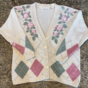 Venezia Women's Argyle Floral Cardigan - Cream, Pink, Green